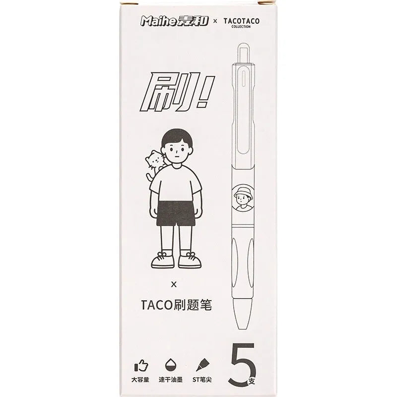 Five neutral black ballpoint pens with white brush finish and 0.5mm tips