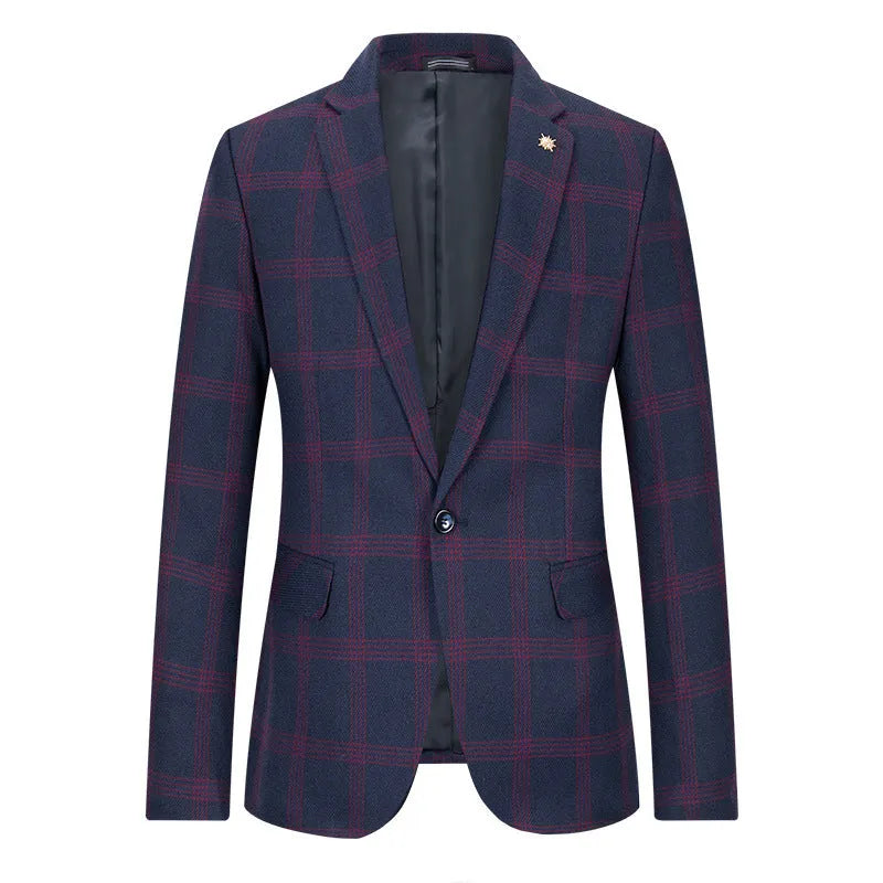 Men's slim fit casual suit coat in navy blue on a hanger, front view with two buttons and notch lapels