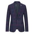 Men's slim fit casual suit coat in navy blue on a hanger, front view with two buttons and notch lapels