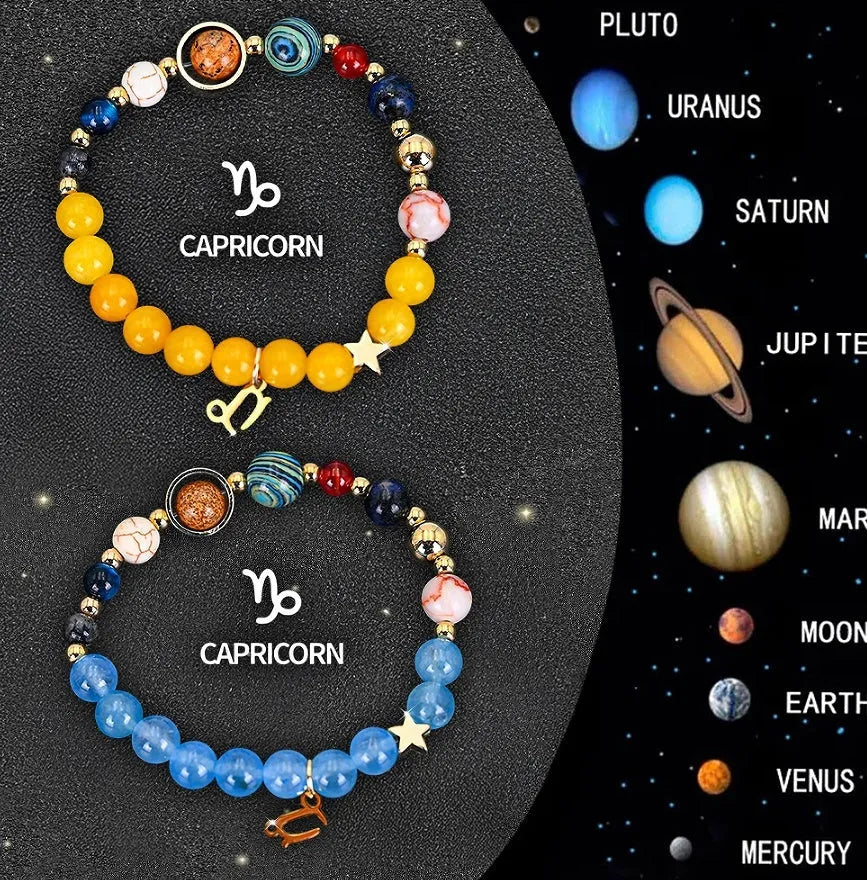 Twelve zodiac sign natural stone beaded bracelets showing different astrology designs