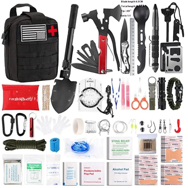 Compact outdoor camping first aid kit survival tools suit measuring 20.5x15x9.5cm in a portable case