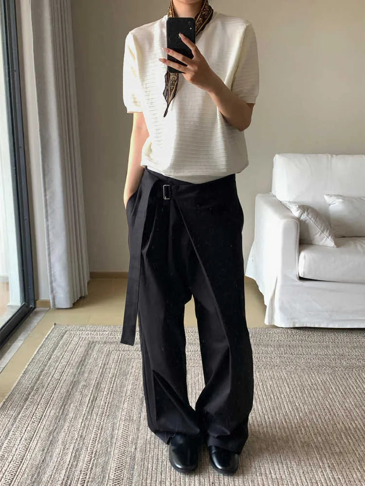 Black straight-leg trousers with adjustable waist and single pleat front in Tencel cotton blend fabric