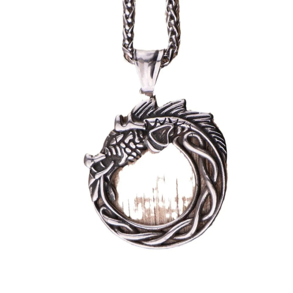 Nordic Viking titanium steel dragon pendant necklace in steel colour with optional 3mm 60cm keel chain, unisex retro geometric design