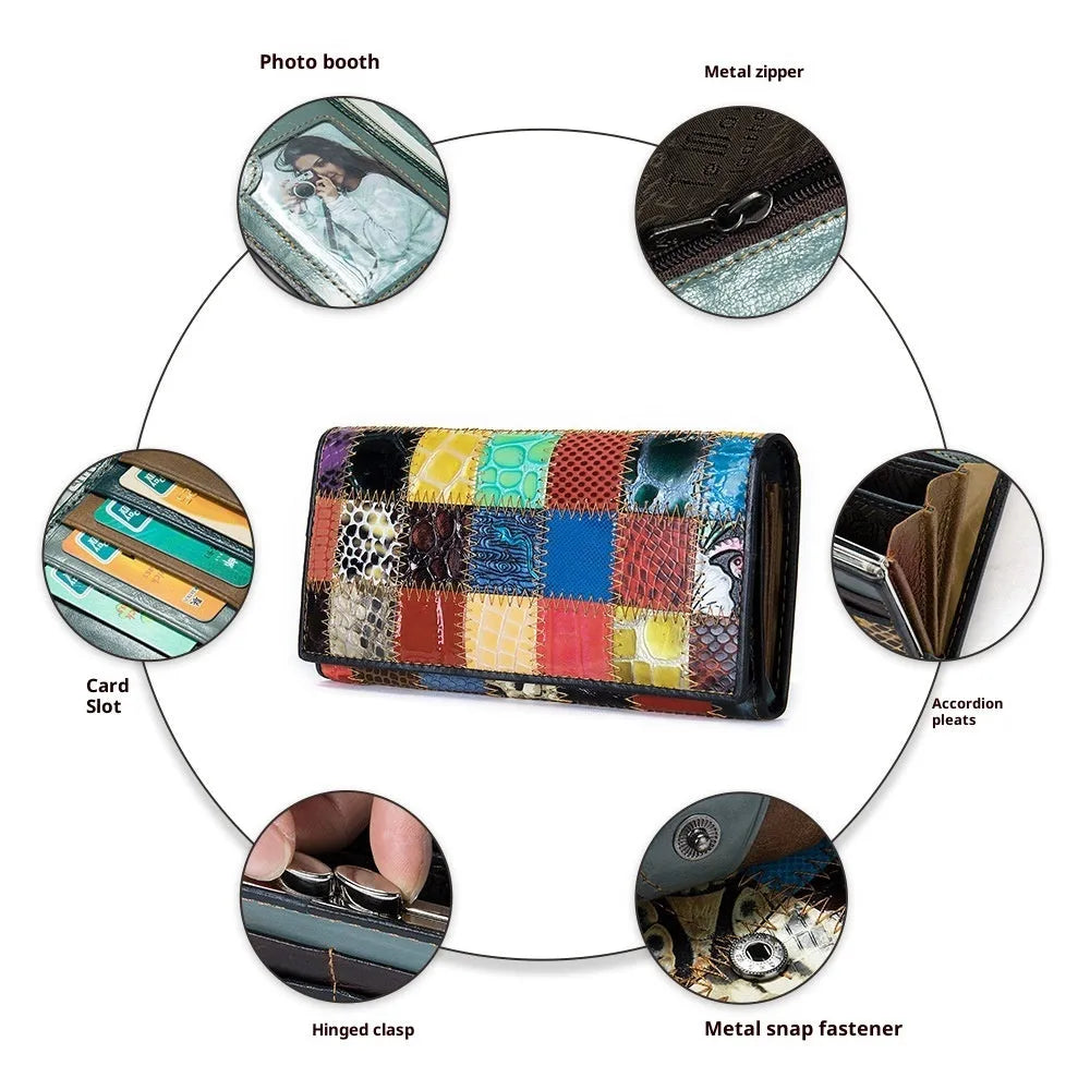 Women's genuine leather splicing wallet in 4131 geometric pattern with cowhide stitching, mid-length design