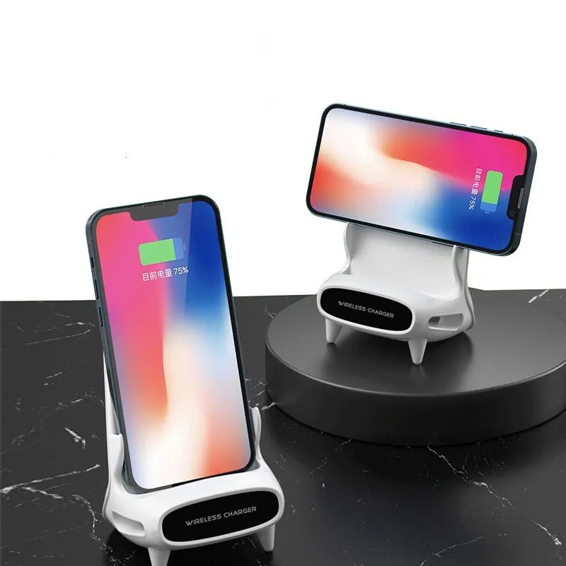 White 15W wireless charging stand with vertical desktop bracket, Type-C interface and QI protocol