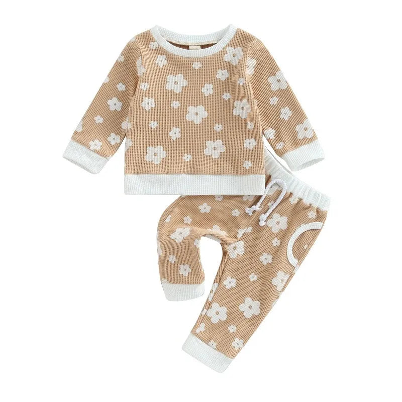 Children's cotton flower print sweater suit set with top and trousers in beige, camel, white, and milky white colours