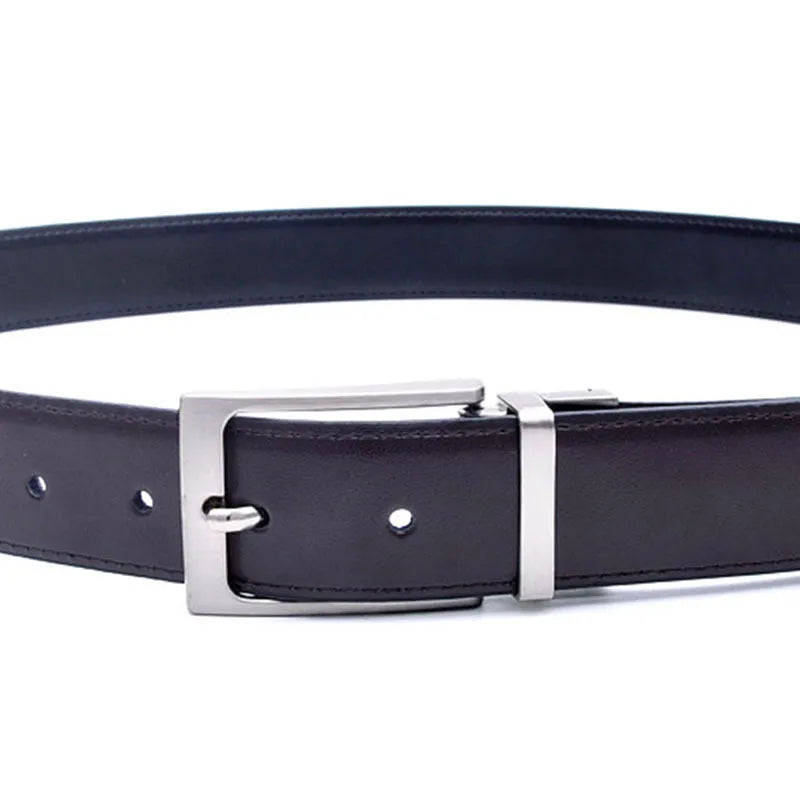 Men's dark brown and black genuine leather belt with a silver rotating pin buckle on a white background.