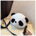 Soft cylindrical plush crossbody bag with panda head design, showing front sandwich pocket.