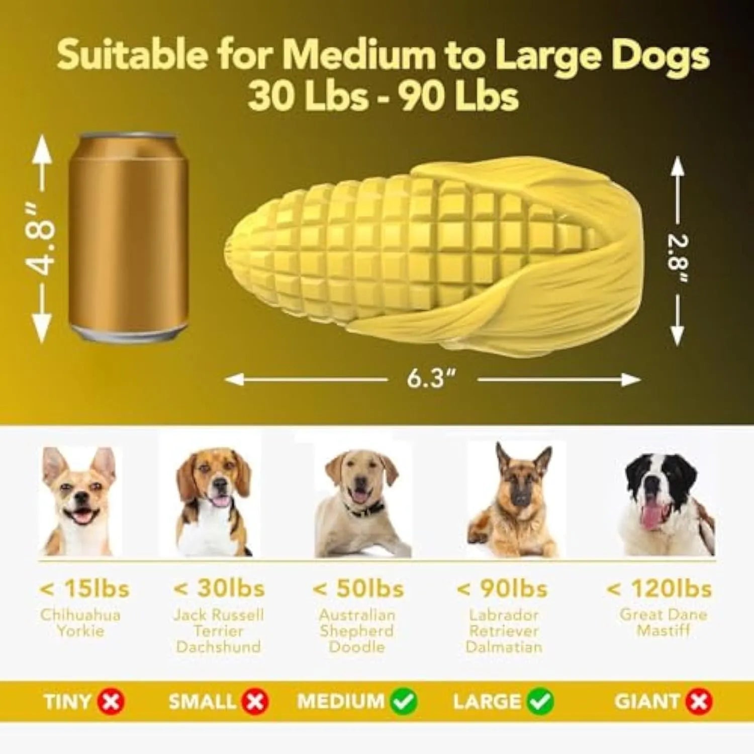 Yellow corn stick dog chew toy with textured surface for teeth cleaning