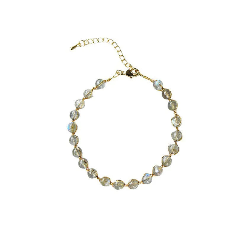 Women's natural crystal bracelet with 6mm moonstone beads and 14k gilded metal accents