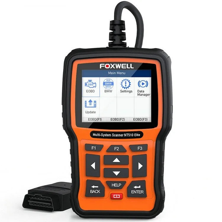 Foxwell NT510 orange and black automotive OBD2 diagnostic scanner with data cable.