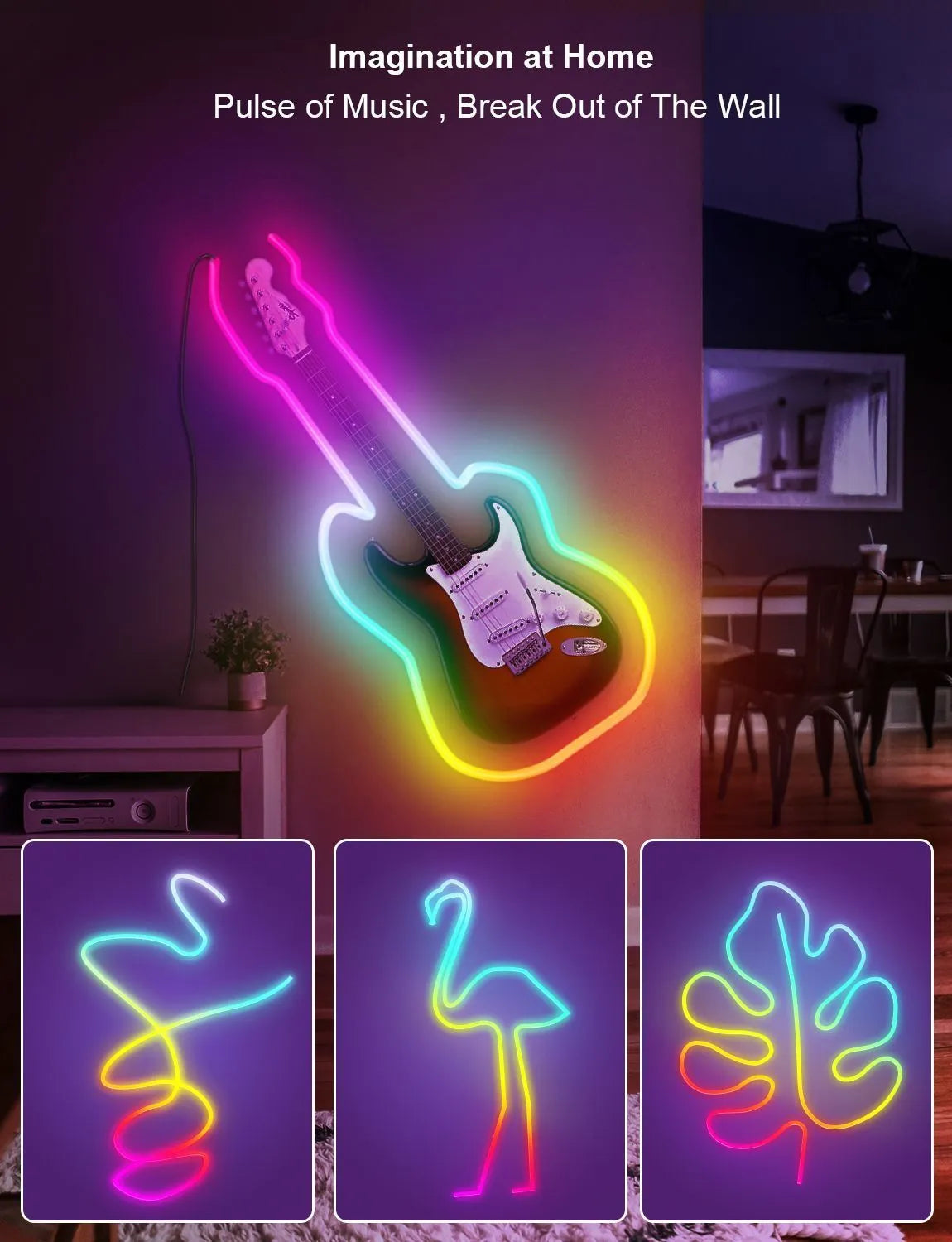 3-metre long flexible RGB LED neon light strip with a remote control on a dark background.
