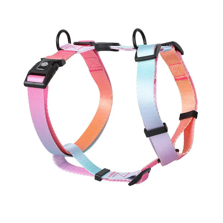 Adjustable polyester dog harness with gradient colour chest strap in scenic design