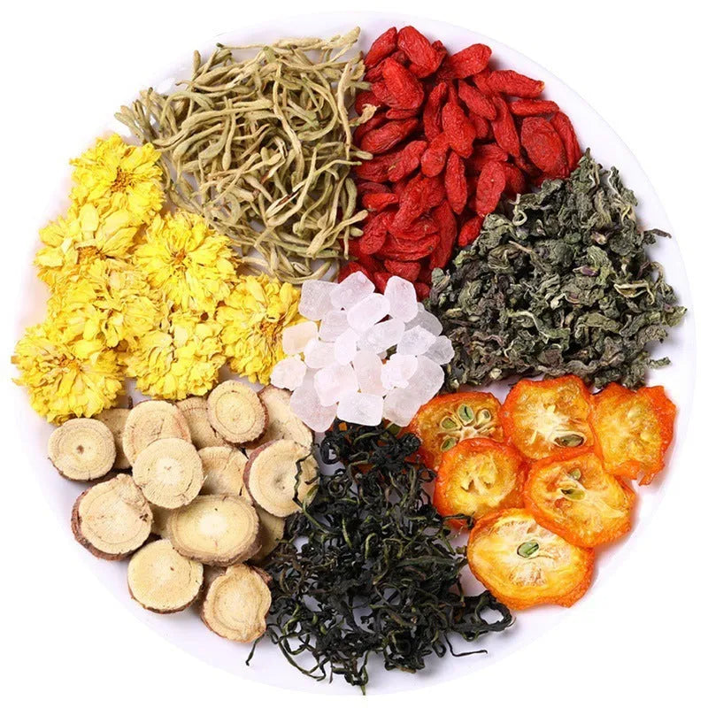Box of Honeysuckle Chrysanthemum Tea sachets with a free tea cup, showing bulk packaging options.