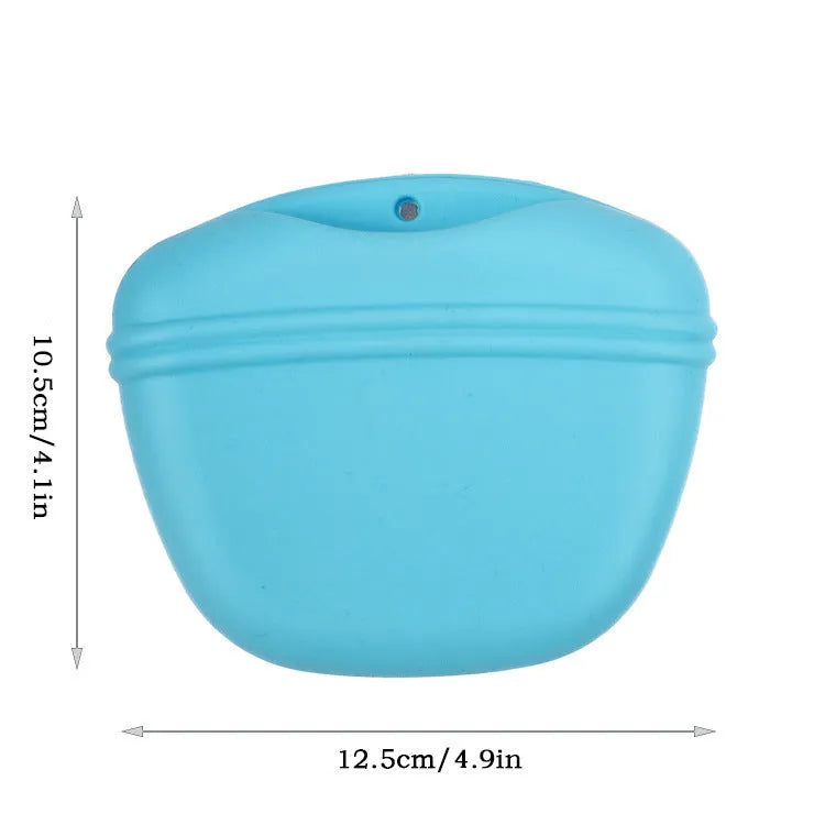 Silicone dog treat bag with belt clip shown in multiple colours