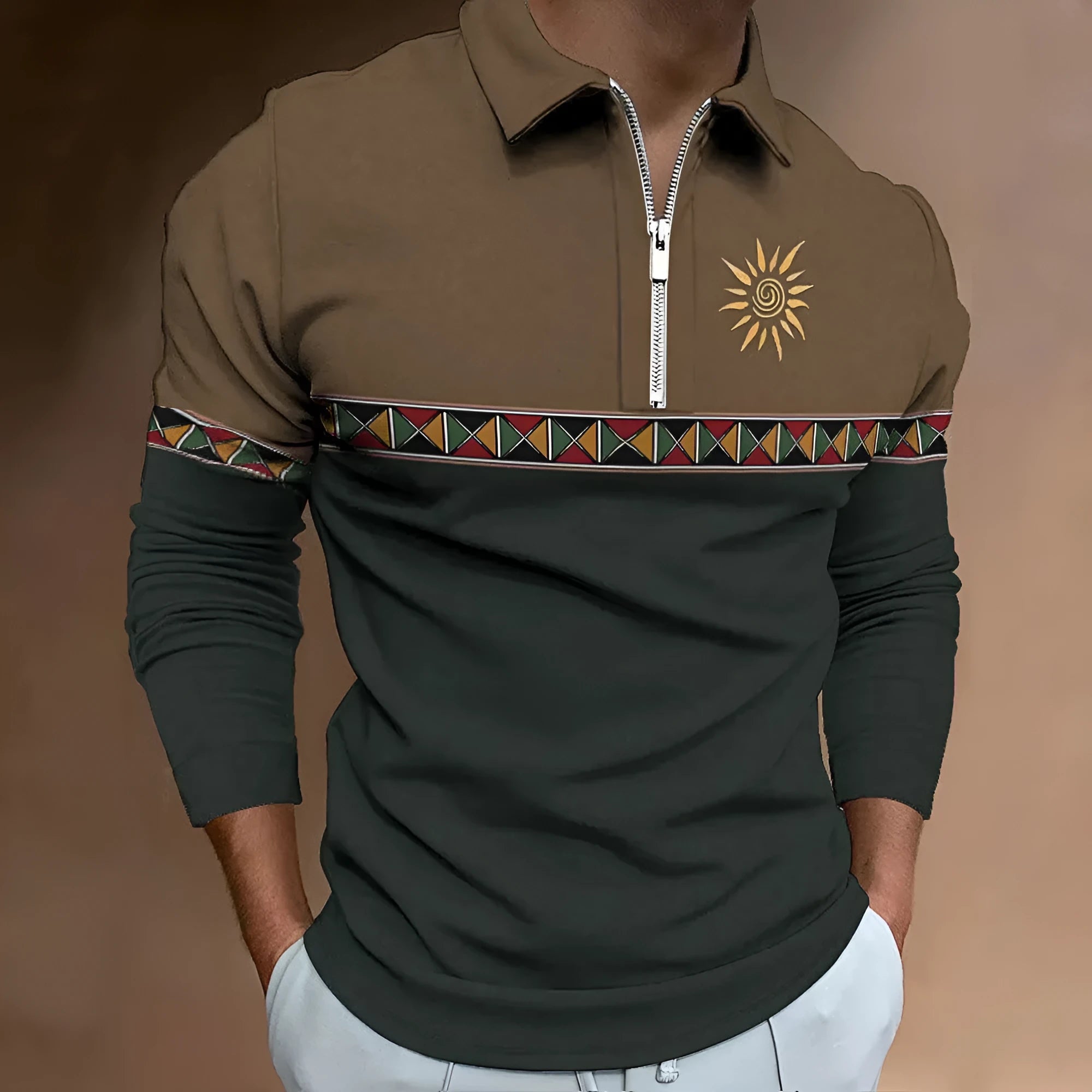 Men's retro printed striped golf t-shirt with long sleeves and loose fit in polyester fabric