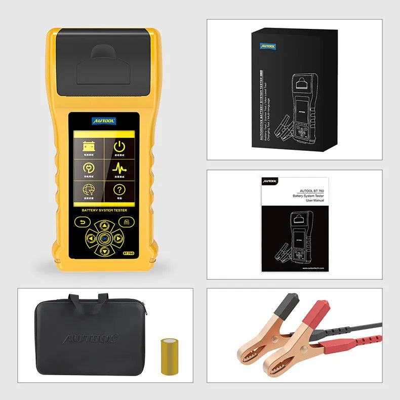 Autool BT760 vehicle battery tester with colour screen and attached test clips on a workbench.