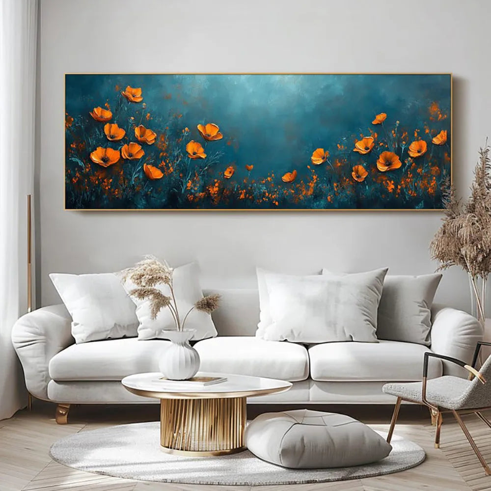 Abstract floral handmade oil painting on canvas, unstretched frameless, modern horizontal design for home decor
