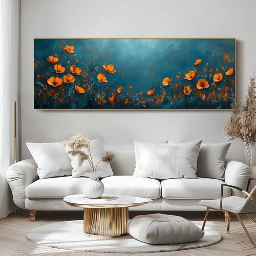 Abstract floral handmade oil painting on canvas, unstretched frameless, modern horizontal design for home decor