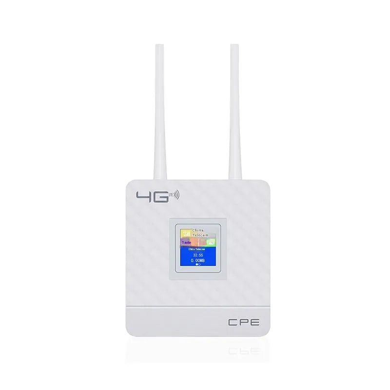 Home office LTE router with two antennas and USB cable on a desk