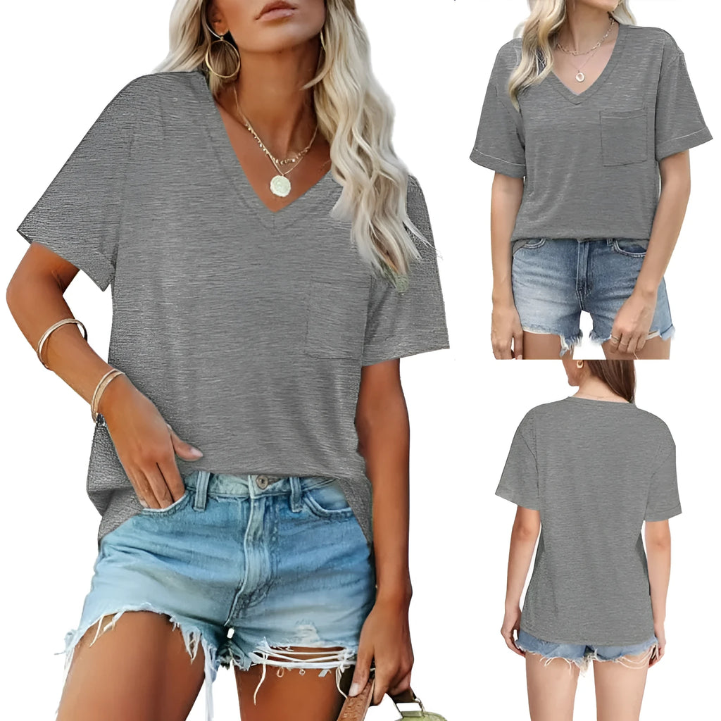 Grey loose-fit men's V-neck t-shirt with a chest pocket on a solid background.
