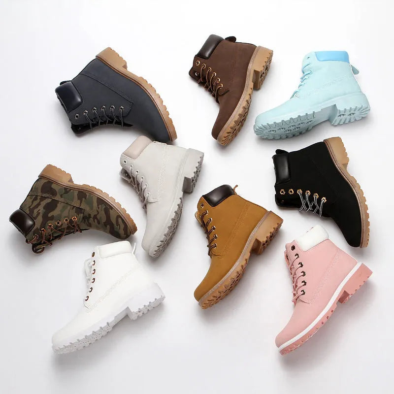 Men's pink high-top Martin boots with velvet lining and flat sole on a white background.