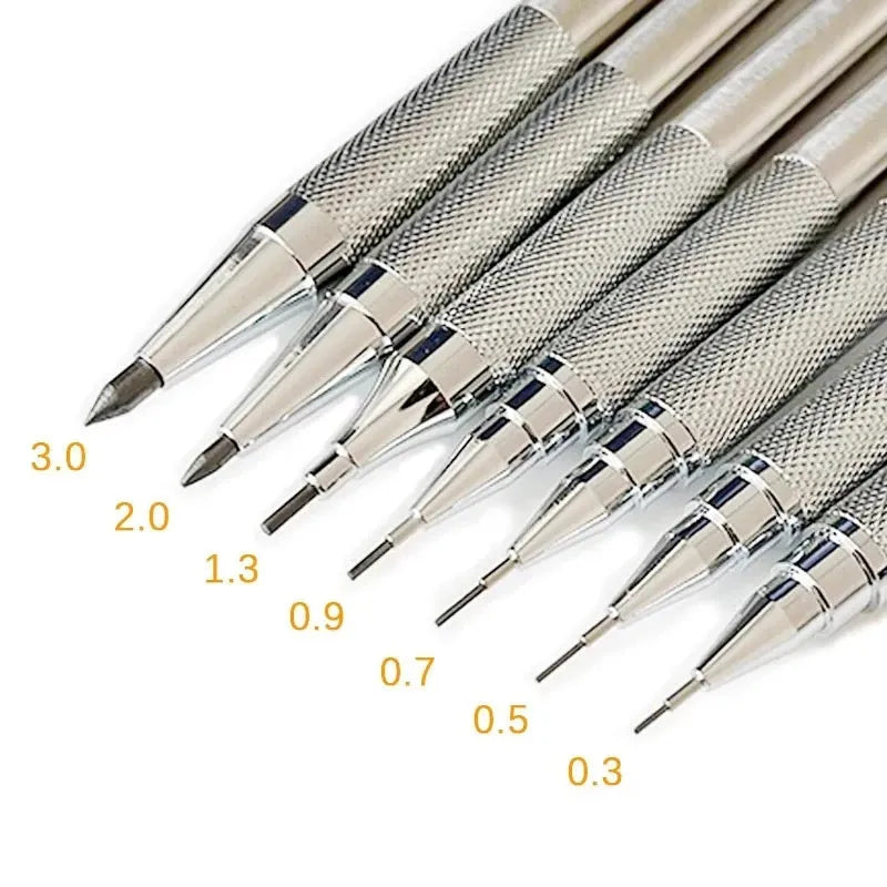 Metal automatic mechanical pencil with multiple lead size options including 0.5mm and 2.0mm diameters