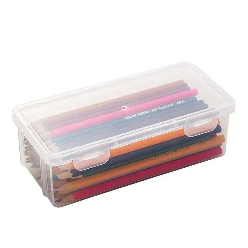 PP plastic transparent stationery storage box showing capacity for pencils and art supplies