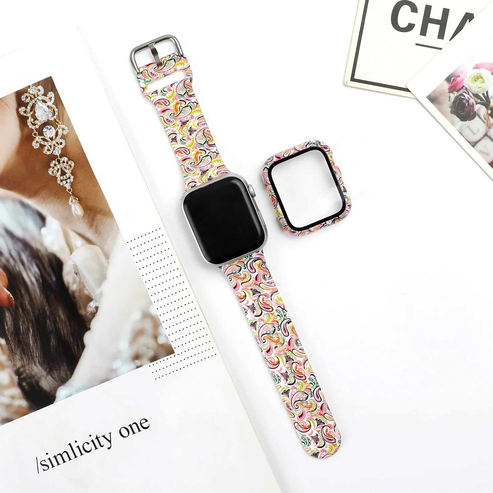 Printed silicone replacement watch strap for Apple iWatch showing multiple design options and size fit.