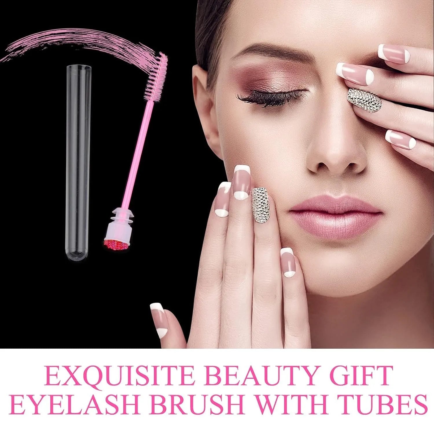 Disposable eyelash mascara brushes in transparent storage tubes showing blue, green, pink and purple colour options