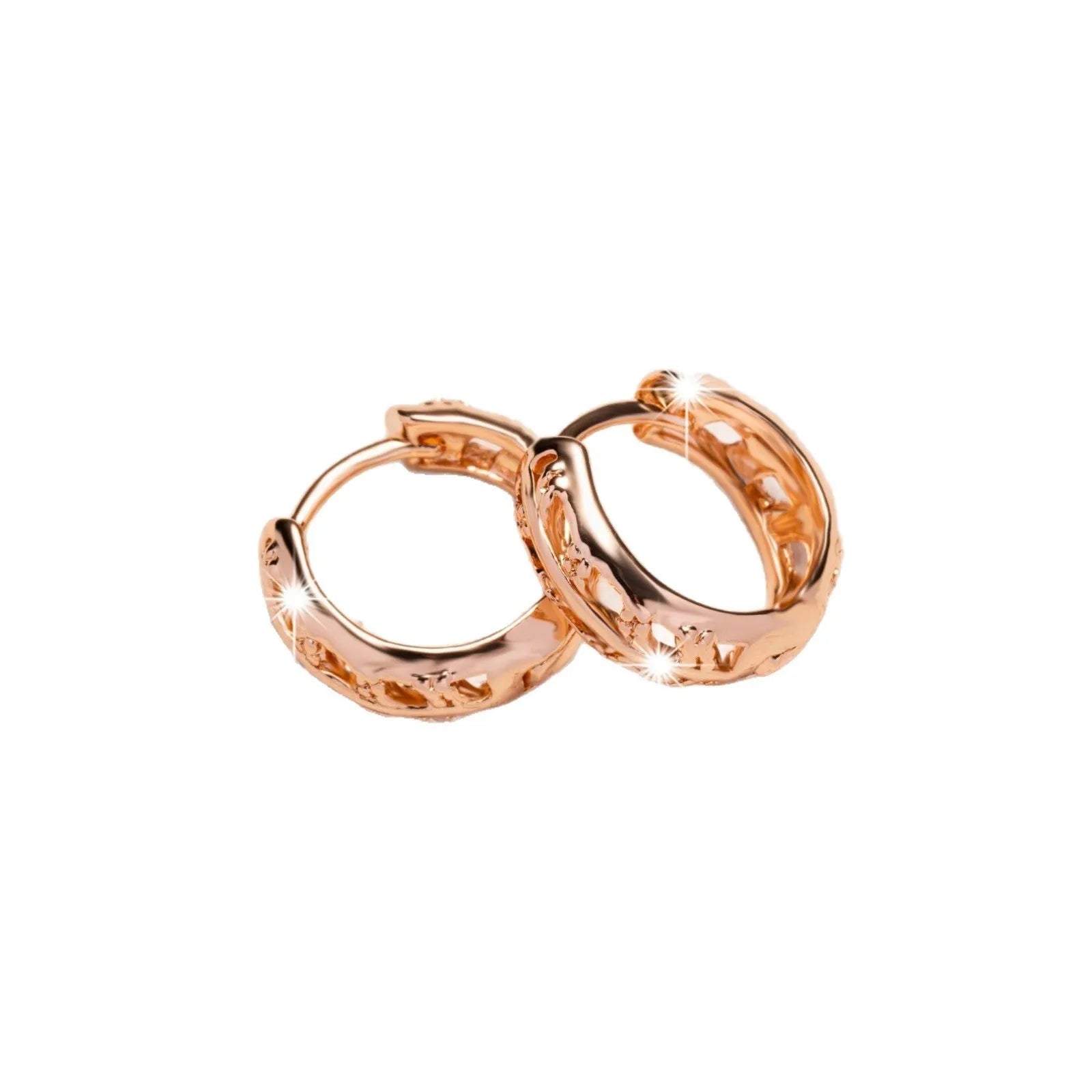 Rose gold plated copper earrings with hollow heart and leaf shapes, shown from front, approx 2.5cm tall.