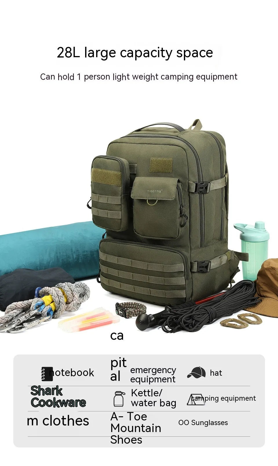 Army green tactical backpack with 17 inch size and 20-35 litre capacity for outdoor use