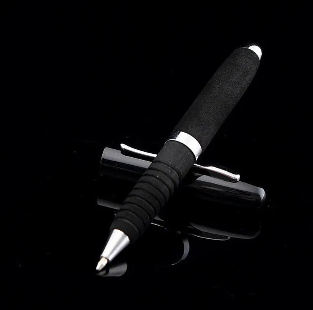 Metal ballpoint pen with EVA cap showing 1.0mm tip and compact 112mm length