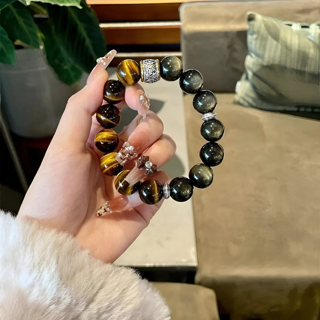 Women's tigereye silver stone double bracelet with gold inlay and U-shaped design