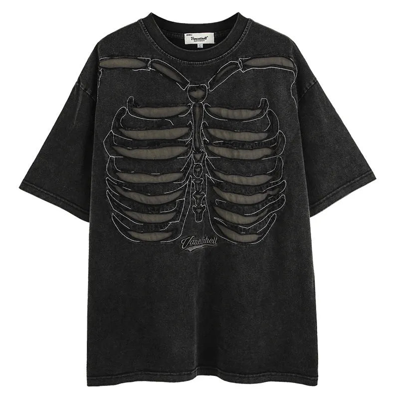 Brown skull print loose fit t-shirt with drop-shoulder sleeves on hanger