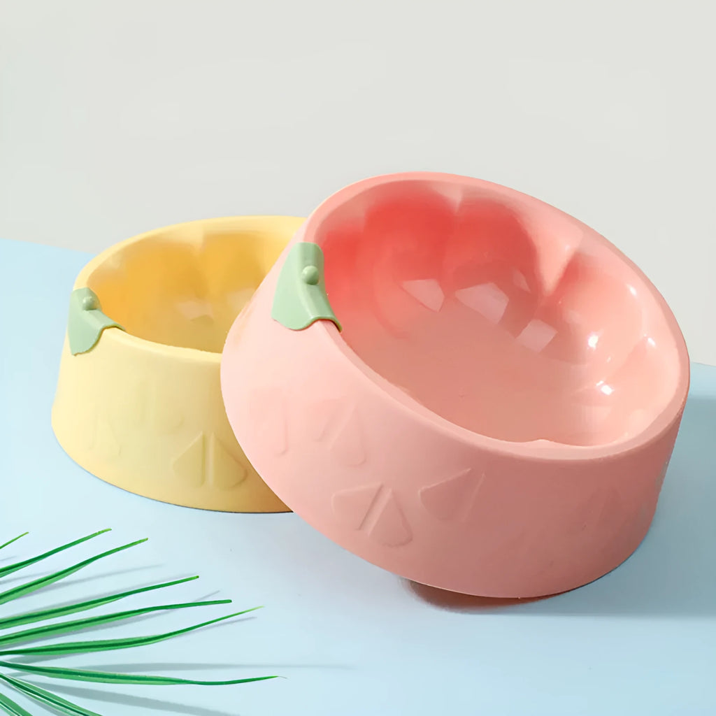 Green plastic double pet bowl for cats and small dogs on a floor.