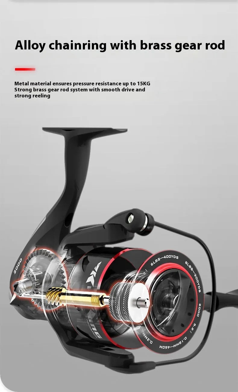 All-metal fishing reel attached to telescopic fishing rod in collapsed position