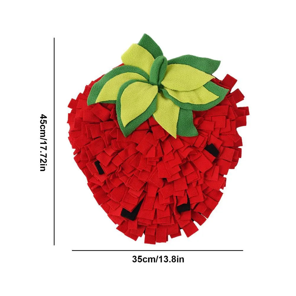 Red strawberry-shaped snuffle mat for dogs and cats as a slow feeder foraging toy.
