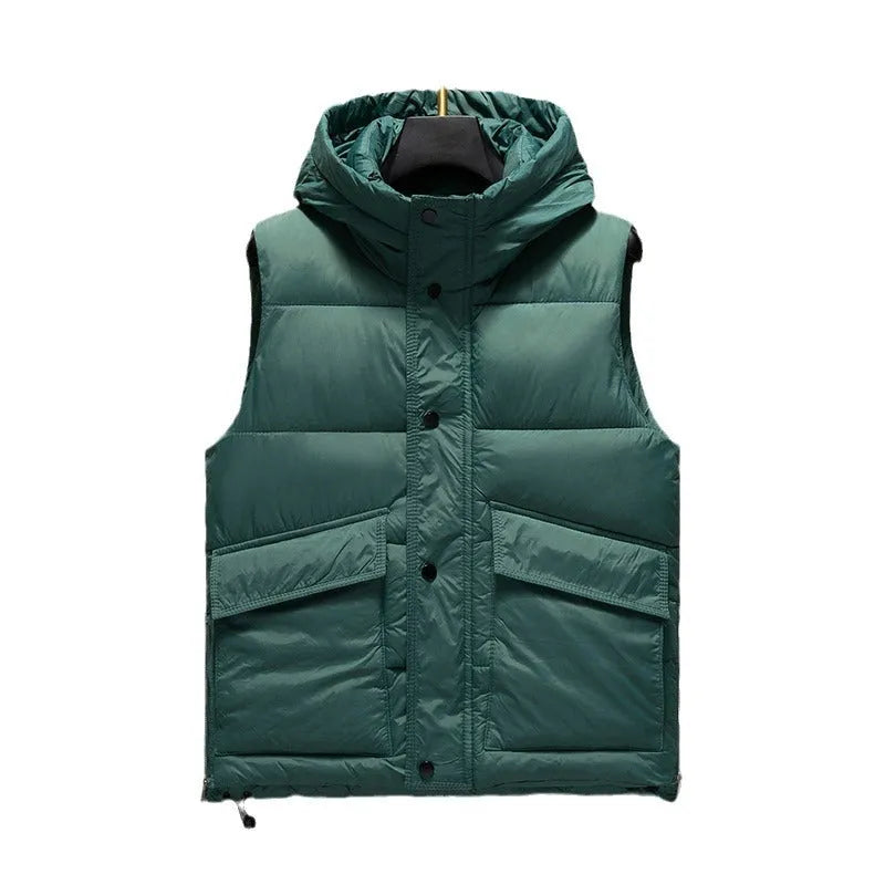 Men's black polyester vest jacket with zip front, regular length 50cm, shown on a hanger.