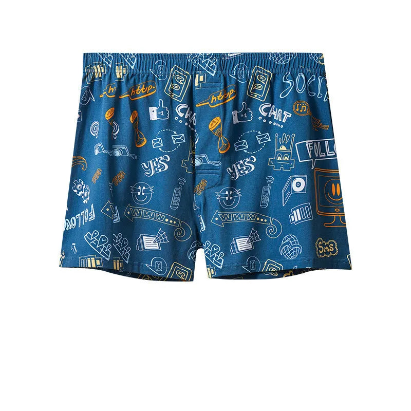 Men's cotton boxer shorts showing pattern options including Beast Carnival, floral, and space travel designs