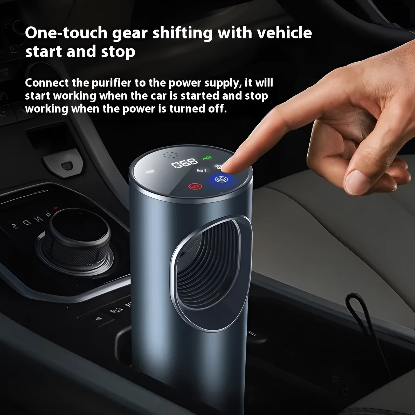 Black ABS smart car air purifier with USB cable, 68x187mm, 12M negative ion rating