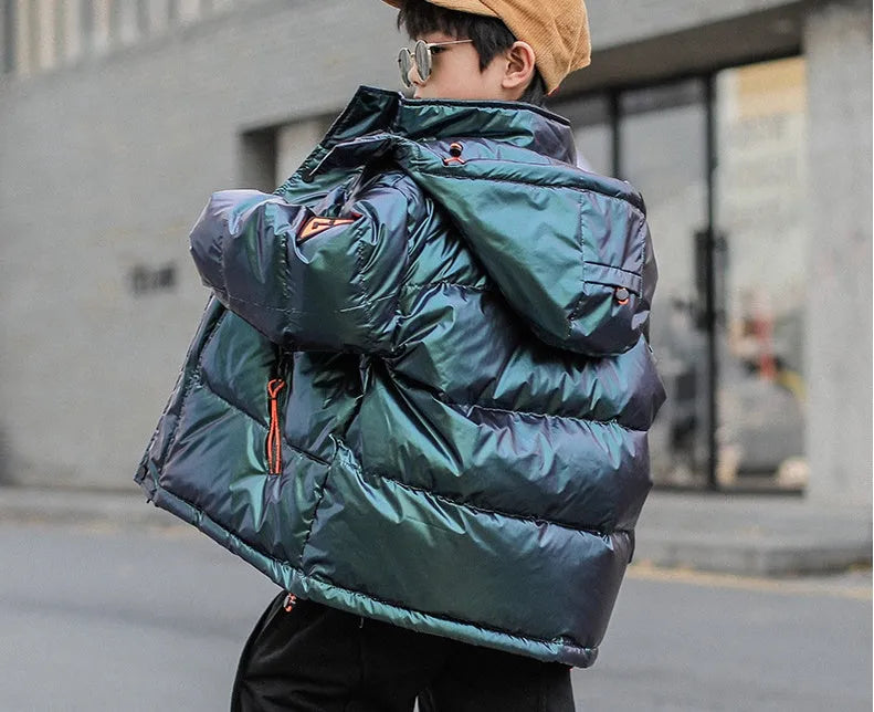 Thick winter white duck down jacket for boys, hooded Korean style, grey-green colour, front zipper closure