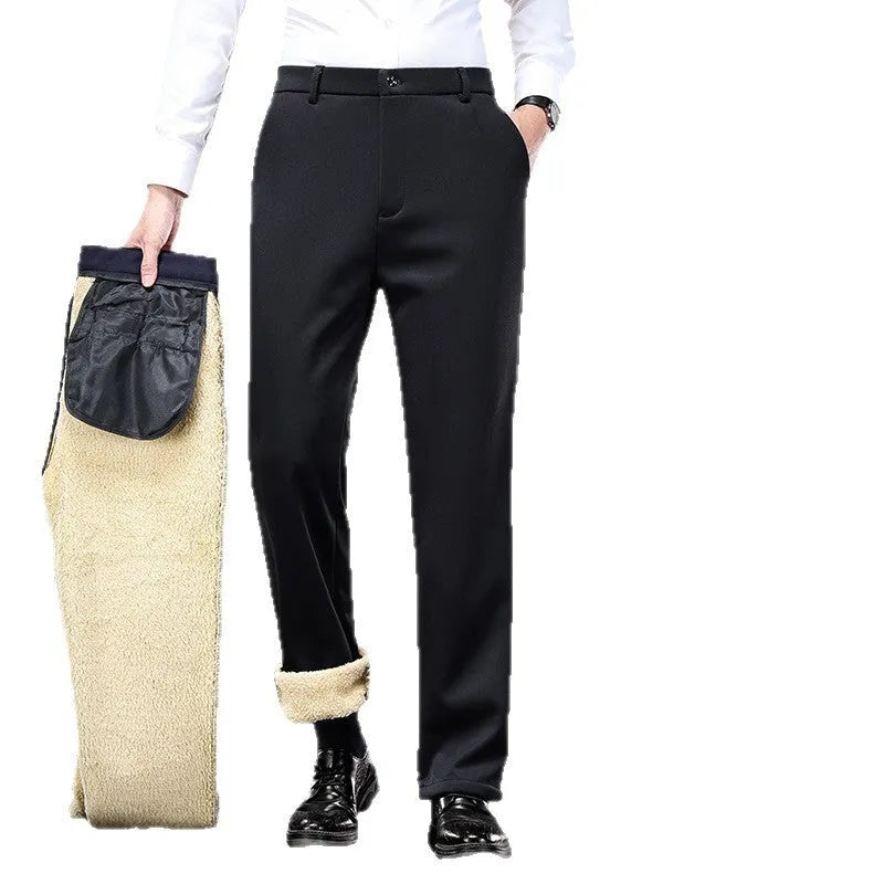 Thermal casual pants for elderly men in lamb wool black with rope closure and elastic waistband