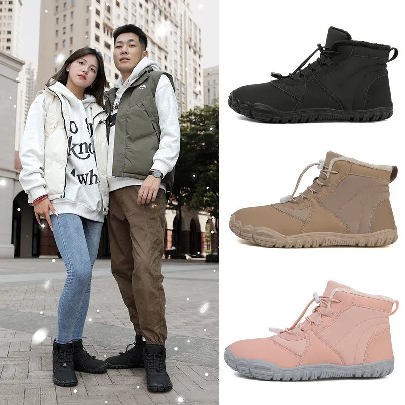 Unisex waterproof snow boots in black, khaki, or pink with round toe, lace-up front, and fleece lining.
