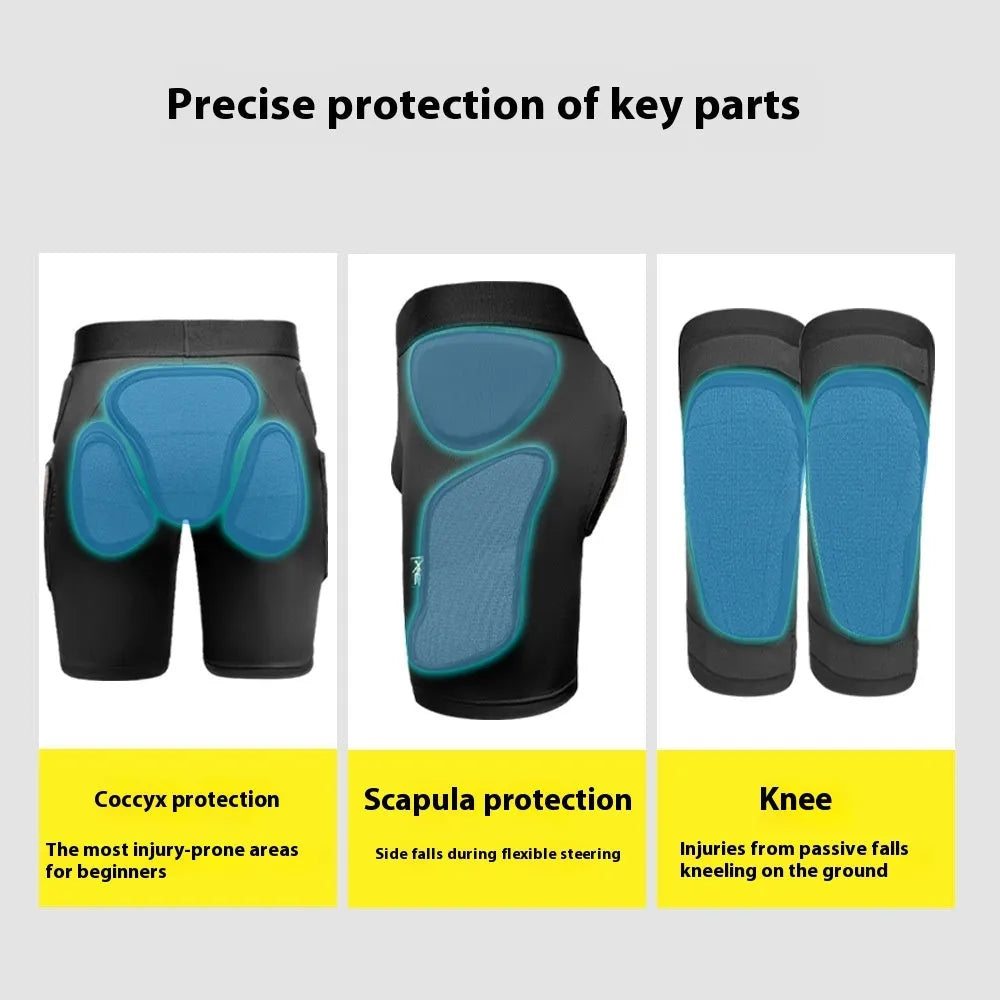 X-ray diffraction ski protective gear showing anti-fall hip pad and knee pad inner wear.