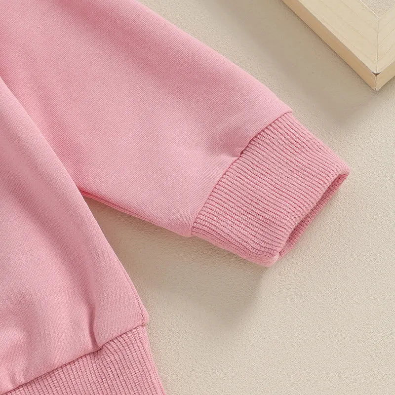 Baby girl solid colour cotton blend sweater with embroidered letters and matching long trousers suit in pink