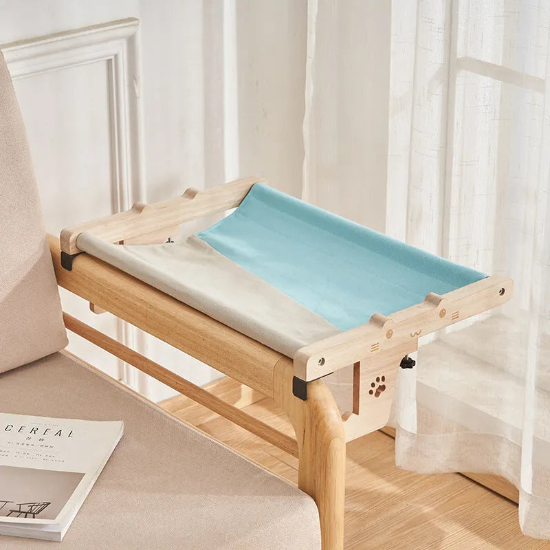Wooden cat hanging bed hammock for balcony or window installation in one of seven style options