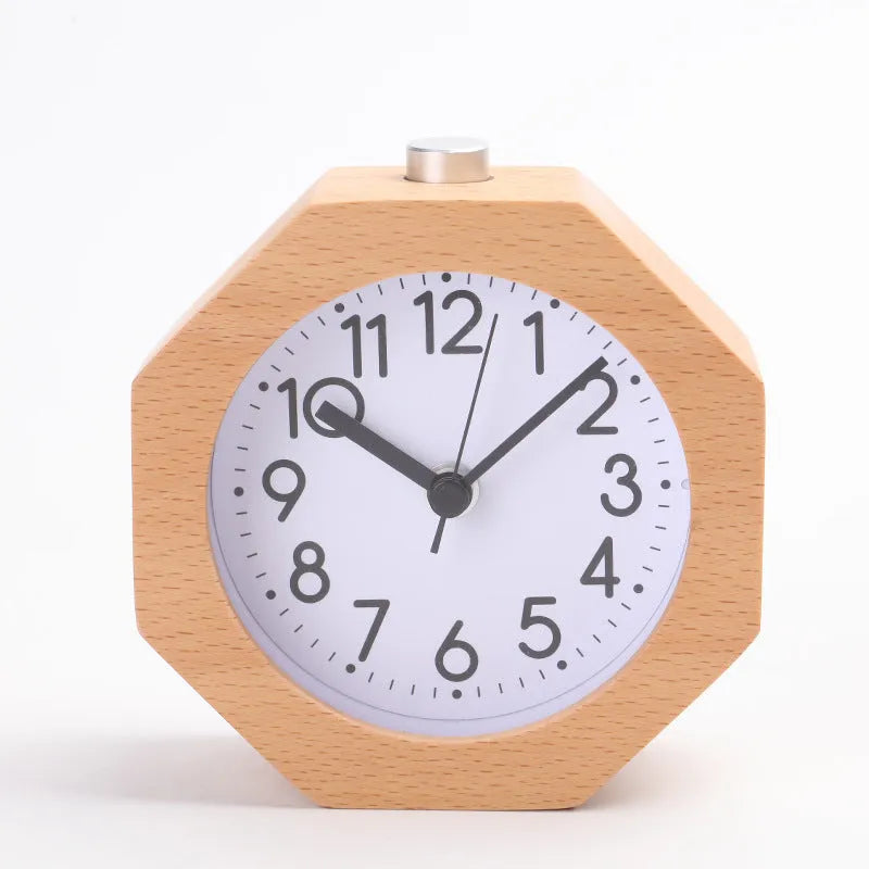 Polygonal beech wood luminous alarm clock with hexagonal shape in brown white finish on nightstand