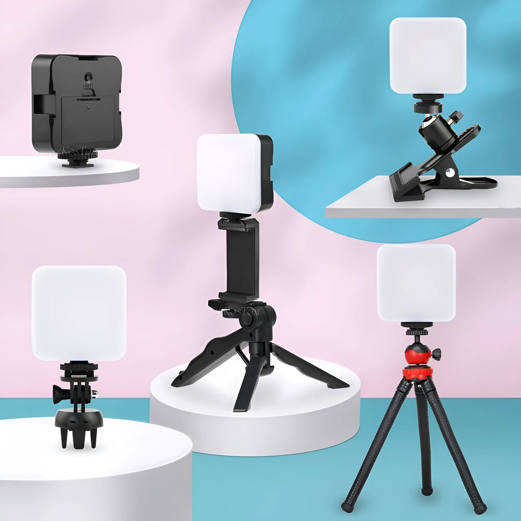 Compact black LED mini square camera flash with rotatable head on a small tripod stand