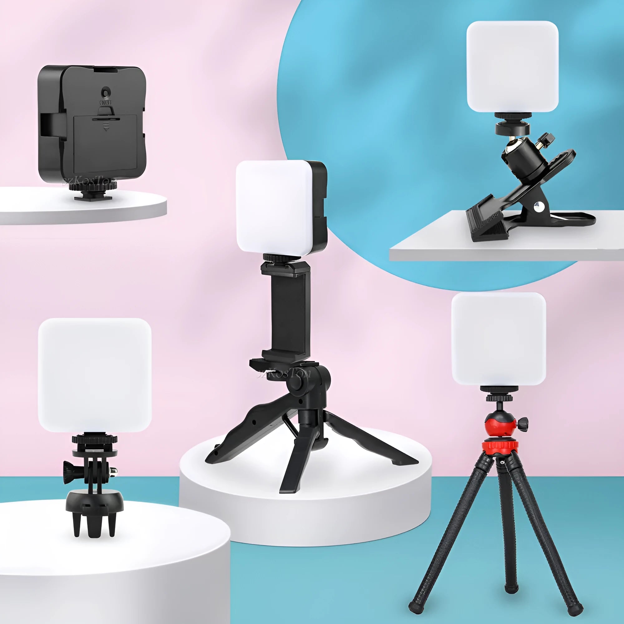 Compact black LED mini square camera flash with rotatable head on a small tripod stand